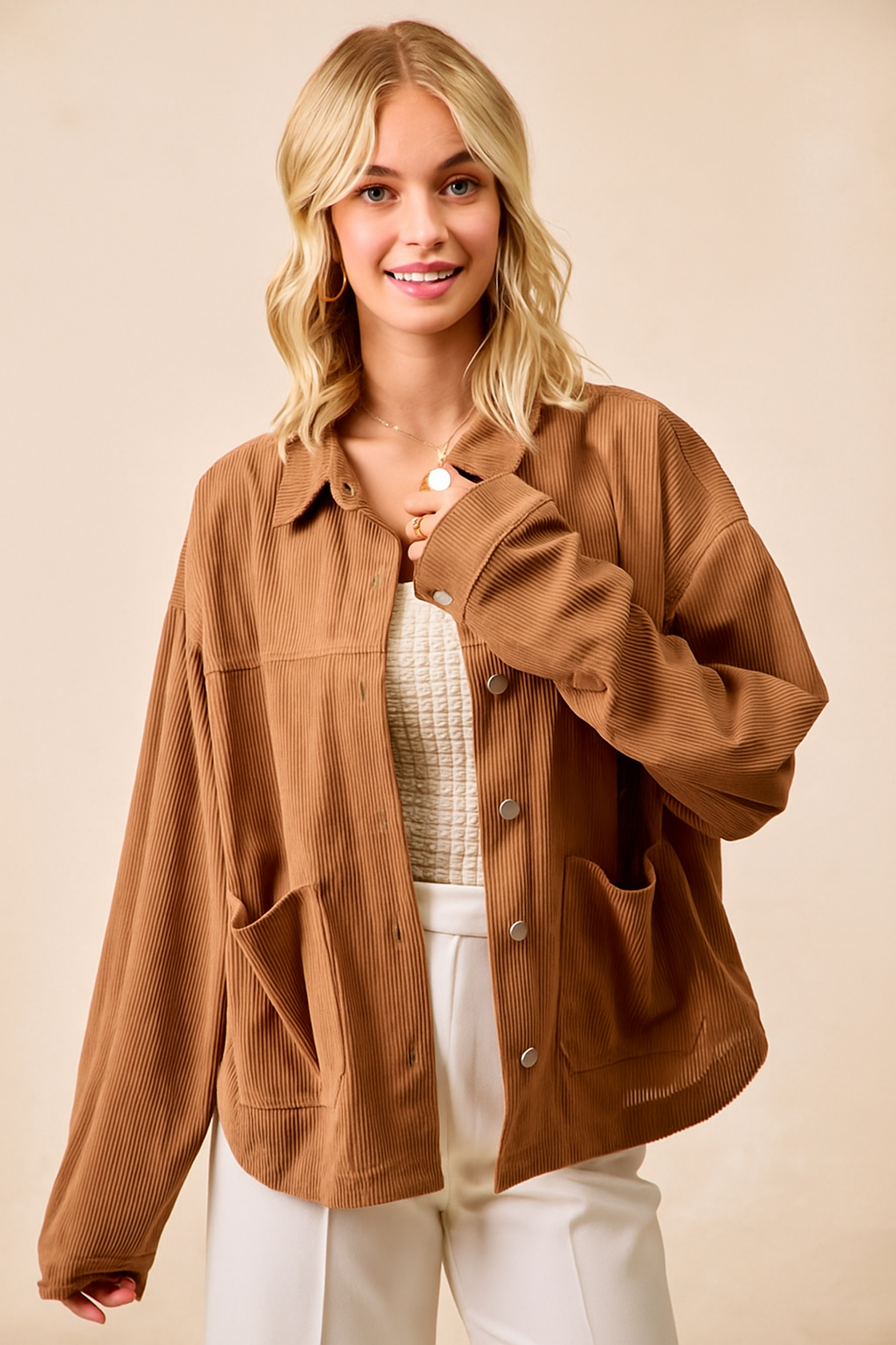 BiBi Corduroy Relaxed Fit Shacket with Back Pleat