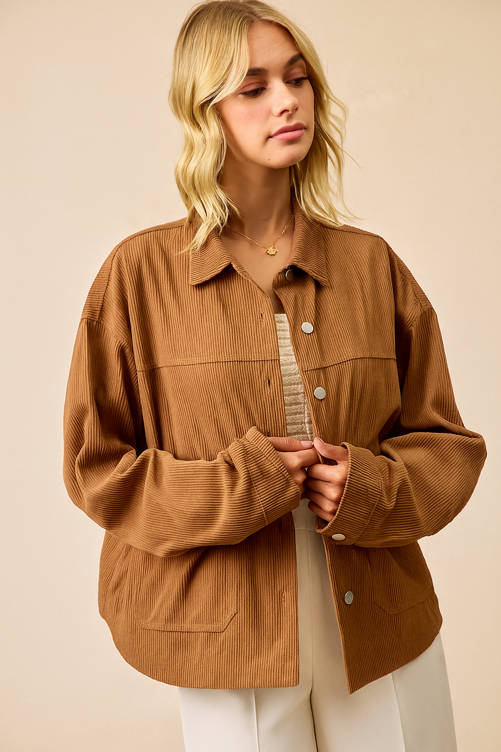 BiBi Corduroy Relaxed Fit Shacket with Back Pleat