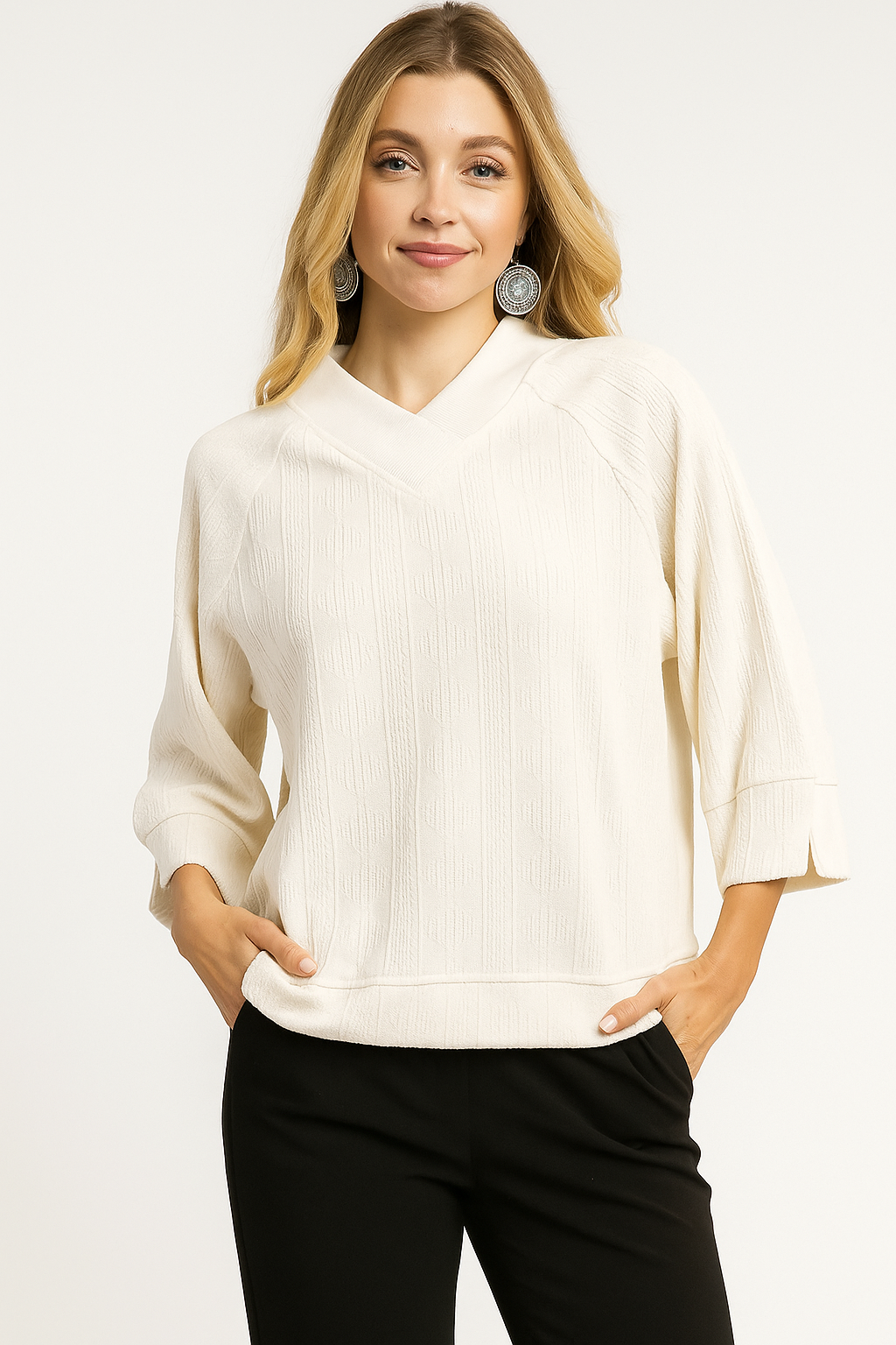 Umgee Textured Knit V-Neck Top